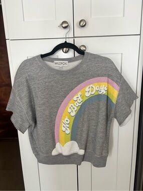 Wildfox Gray Short Sleeve Tee with Pink Yellow and Blue Rainbow "No Bad Days"